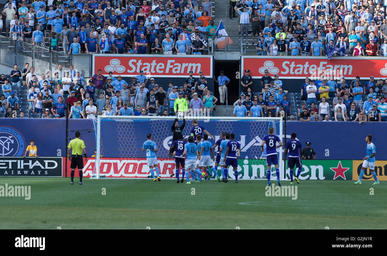 New York, NY USA - May 29, 2016: Goalkeeper Josh Saunders of NYC FC saves goal during MLS match against Orlando City SC on Yankee stadium Stock Photo