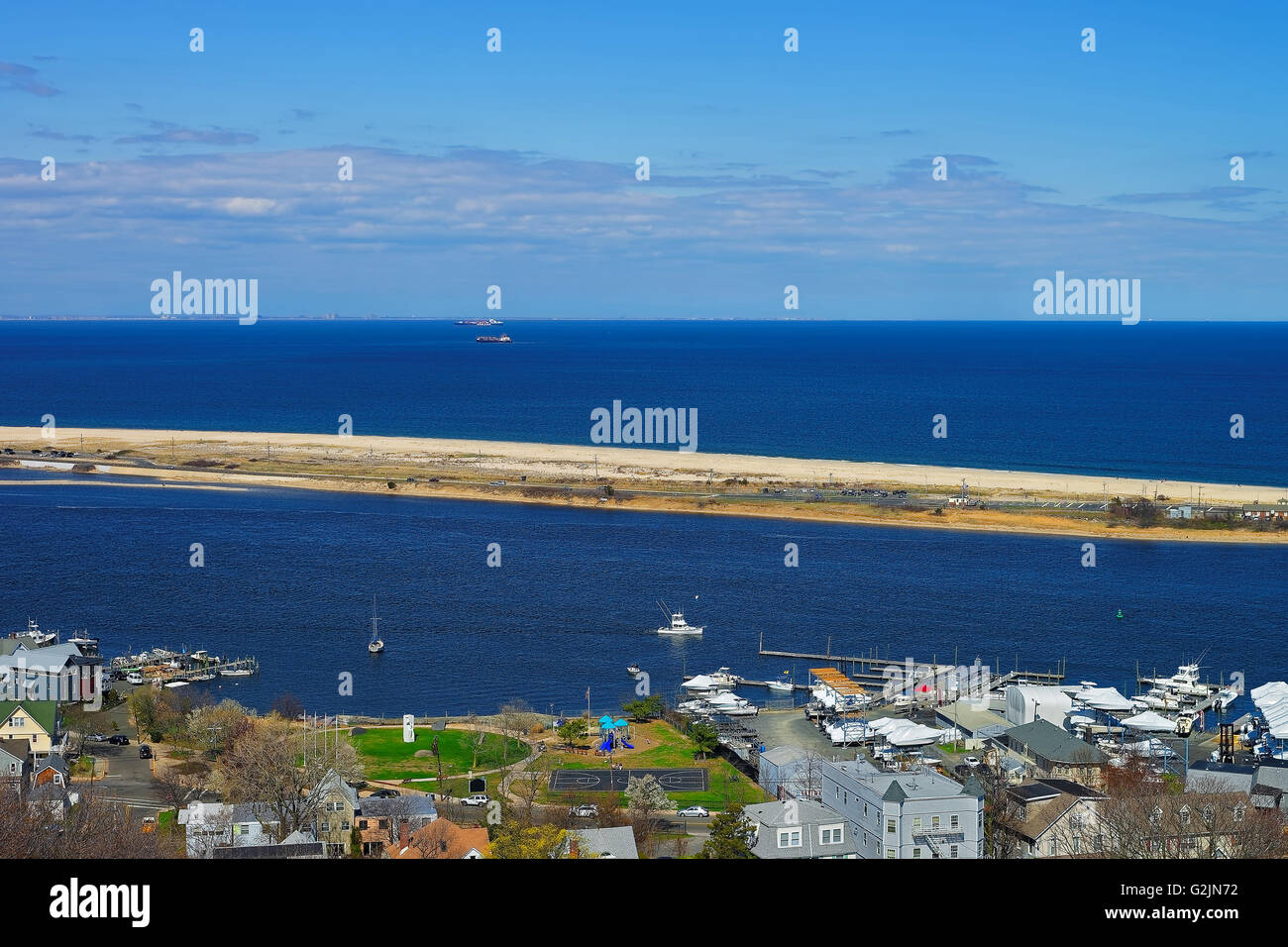 Houses and Atlantic Ocean shore viewed from the light house at Sandy