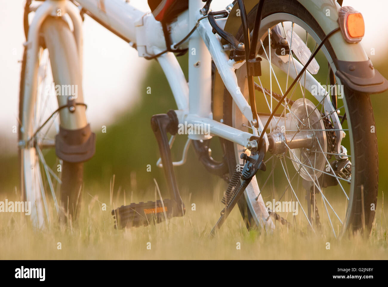 detail of bicycle closeup on grass field Stock Photo