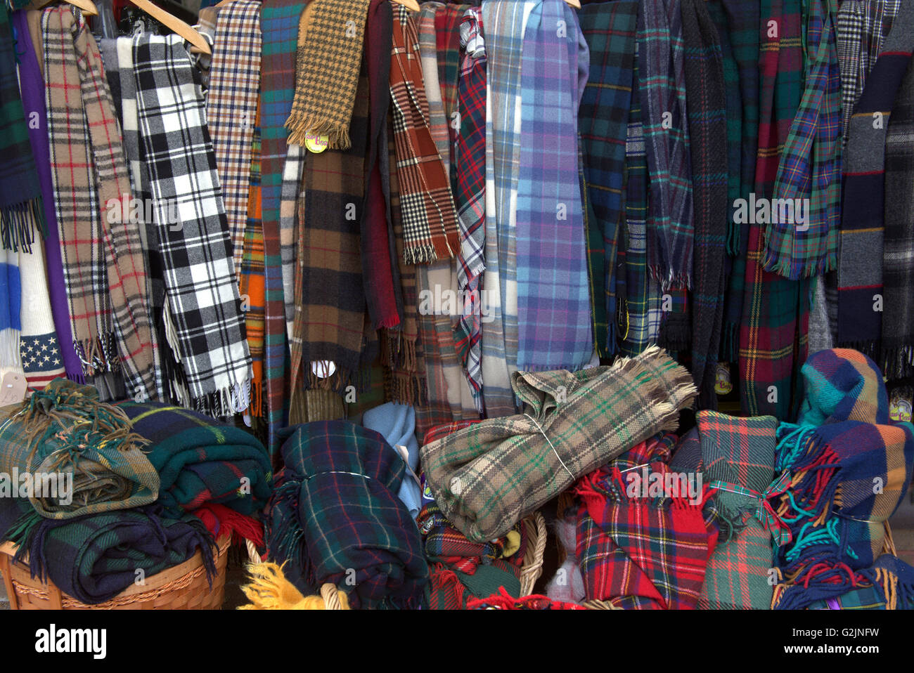 selection of tartan scarves for tourists Glasgow, Scotland, UK. Stock Photo
