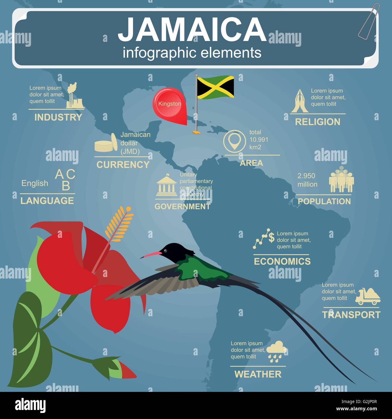 Jamaica infographics, statistical data, sights. Vector illustration