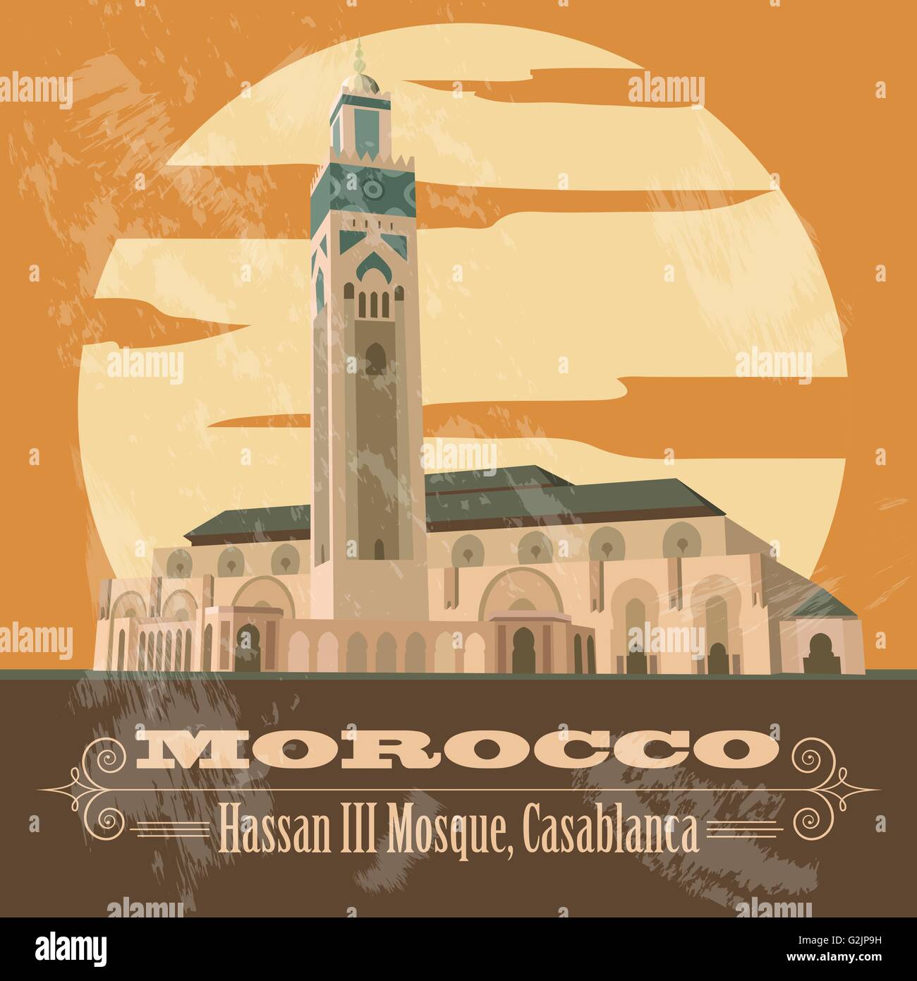 Kingdom of Morocco landmarks. Hassan III Mosque in Casablanca. Retro styled image. Vector illustration Stock Vector