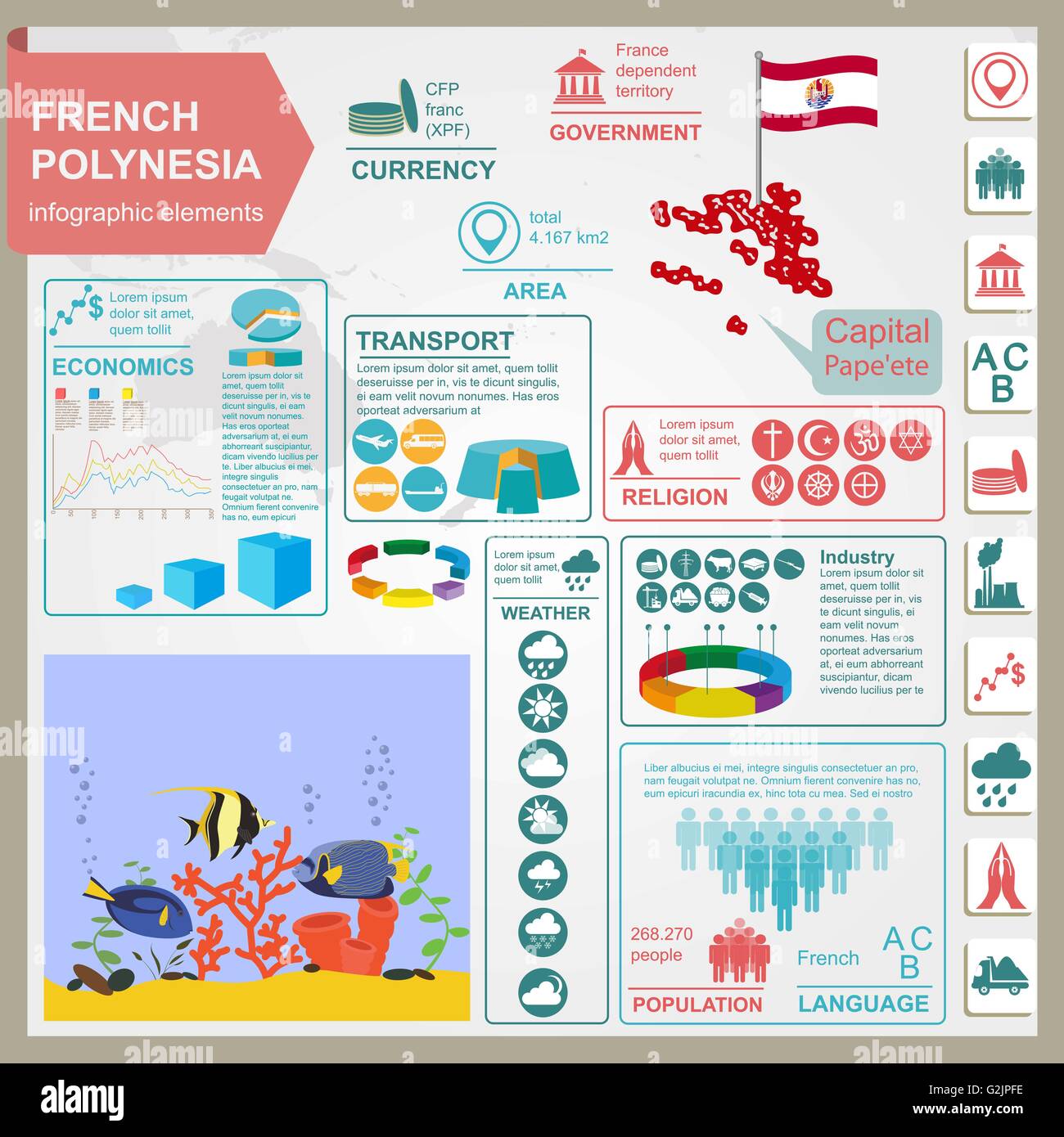French Polynesia infographics, statistical data, sights. Vector illustration Stock Vector