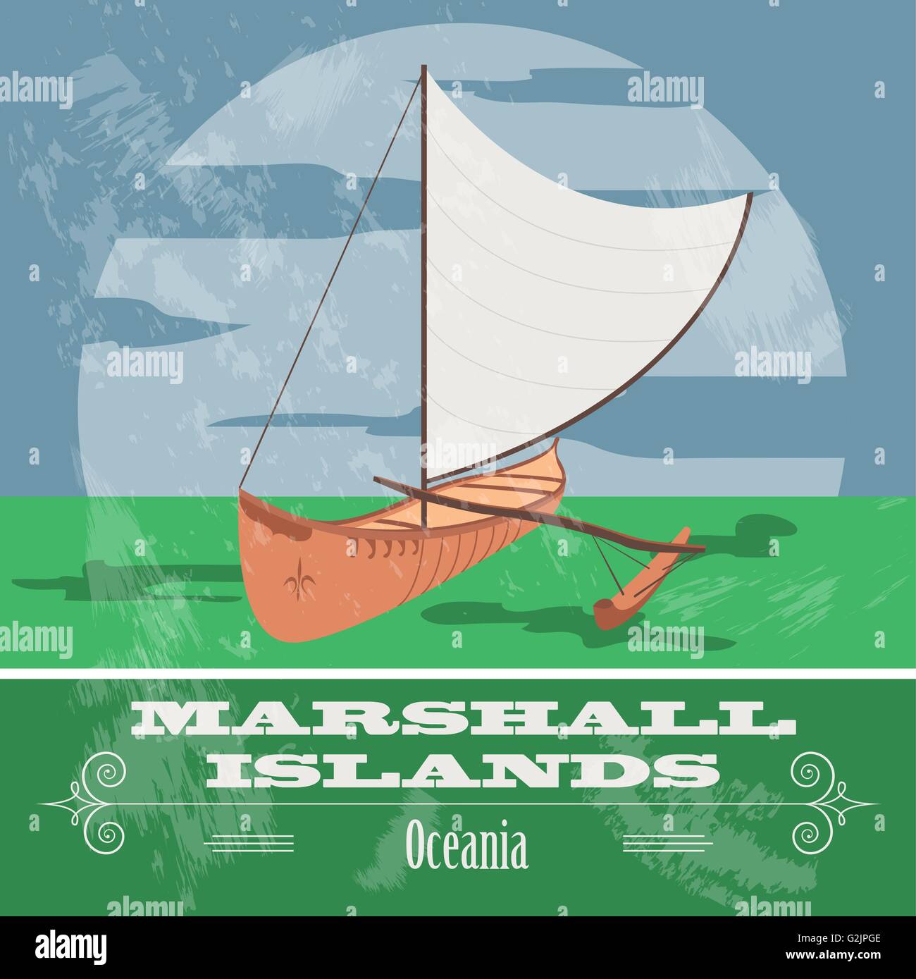 Marshall islands. Polynesian canoeing. Retro styled image. Vector illustration Stock Vector