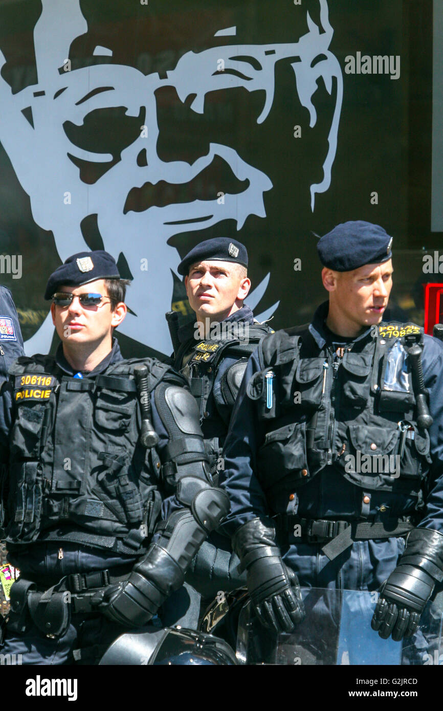 Czech police riot squad standing in front of KFC, Czech Republic Stock Photo