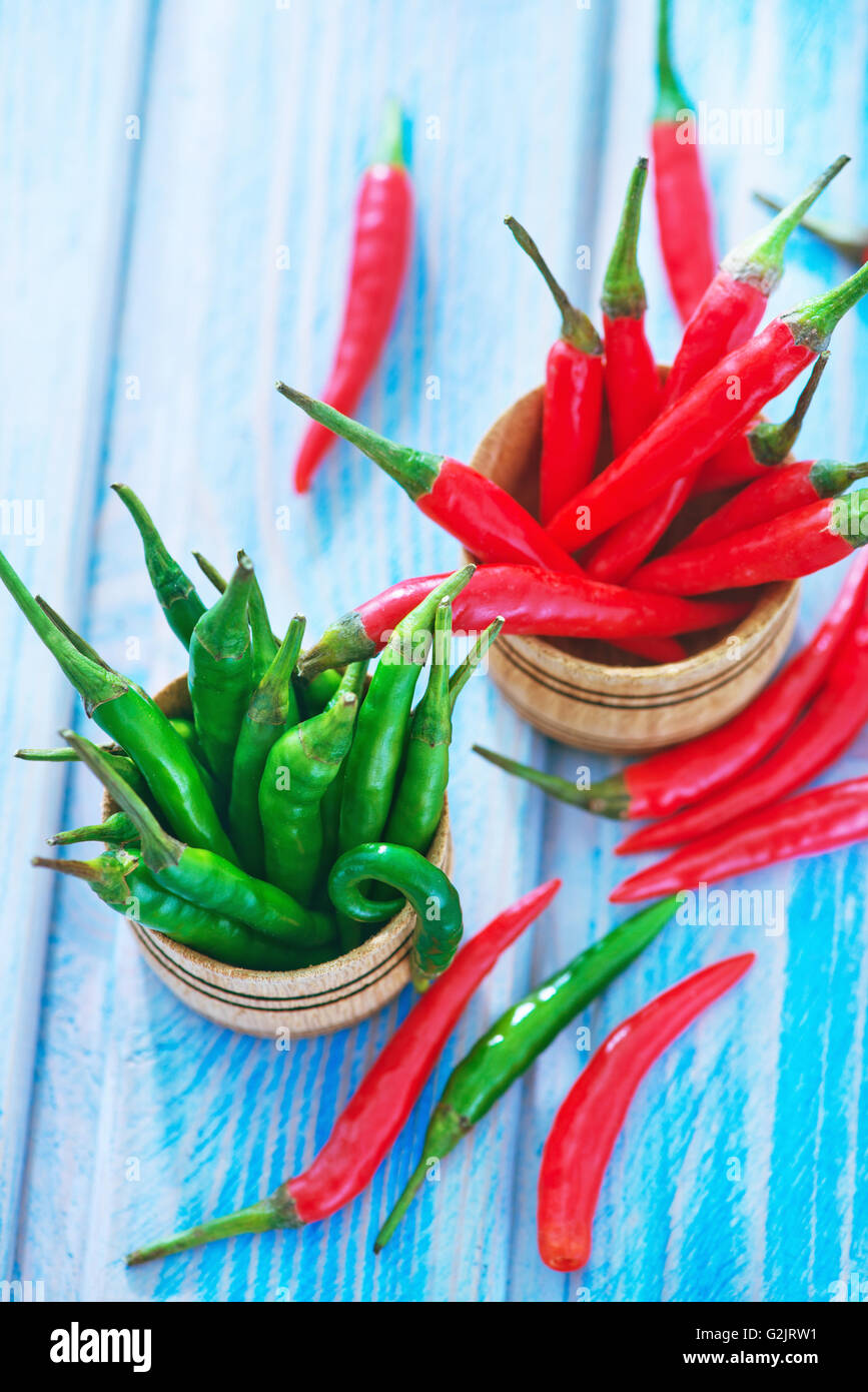 green and red chilli peppers on a table Stock Photo - Alamy