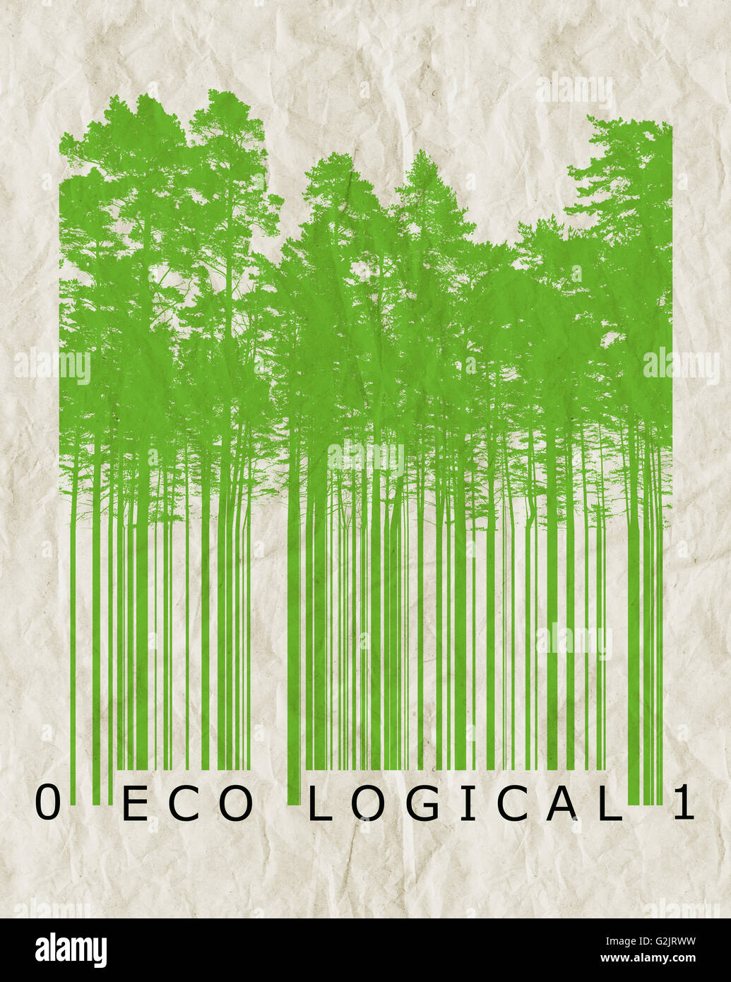 Ecological natural product bar code concept with green trees silhouettes over old paper texture Stock Photo