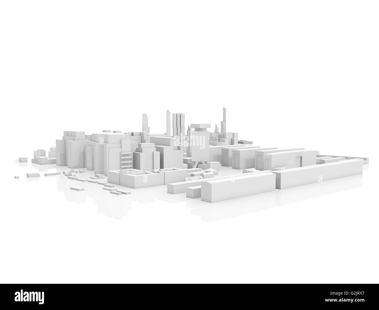 Abstract contemporary cityscape, 3d render isolated on white background with soft reflection over ground Stock Photo