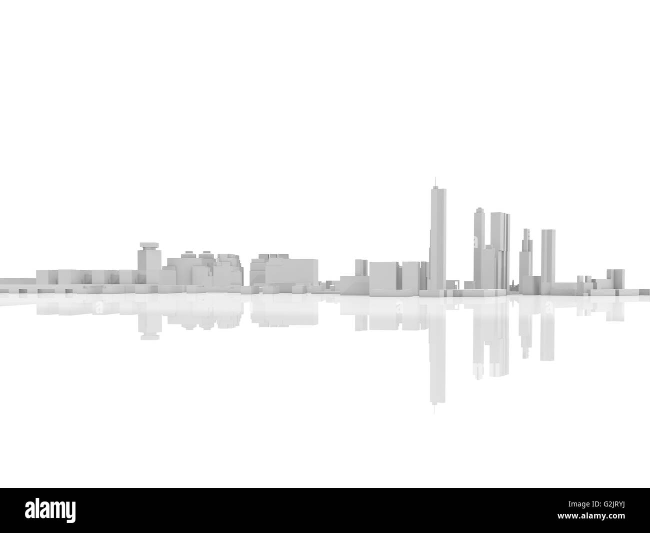 Abstract contemporary skyline, 3d illustration background isolated white with soft reflections over flat ground Stock Photo