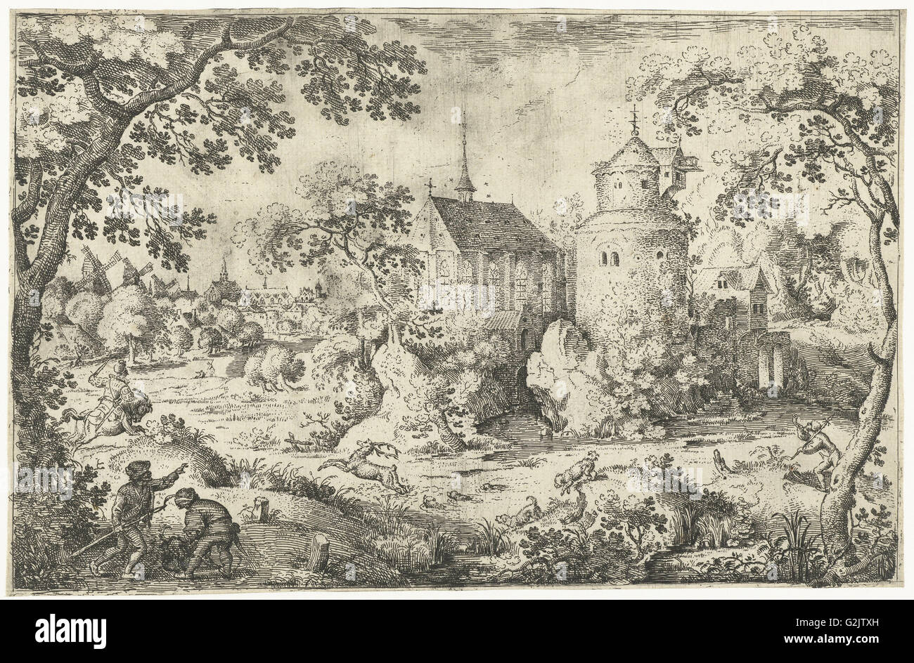 Deer Hunting near a chapel, Jacob Savery (I), 1602 Stock Photo