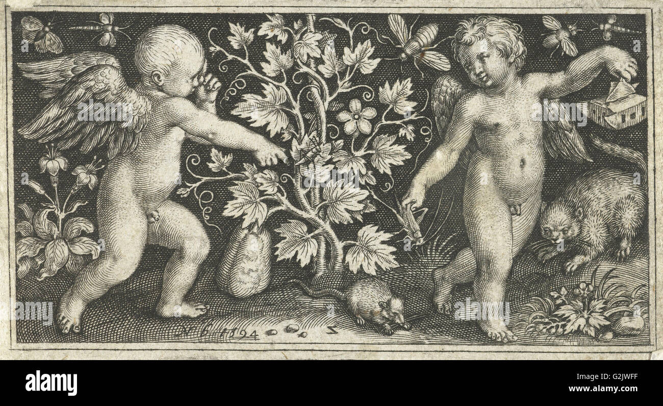 Two angels on either side of squash, pumpkin, or gourd, Nicolaes de Bruyn, 1594 Stock Photo