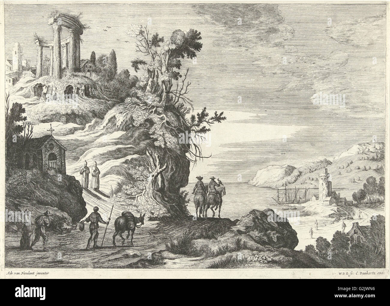 Italian landscape with a ruin, Willem van de Lande, Cornelis Danckerts (I), 1635 - 1656 Stock Photo