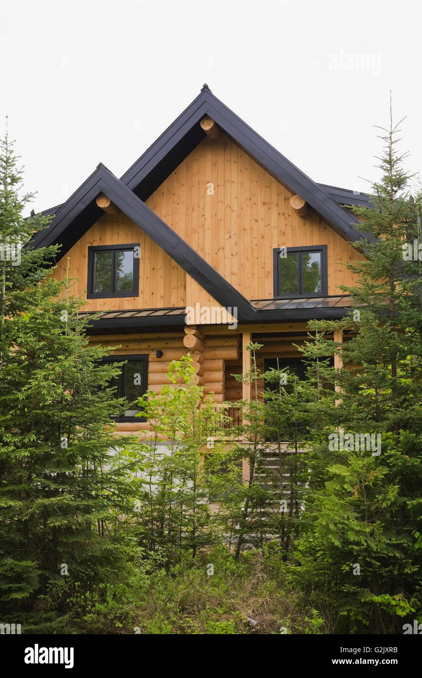 Cottage style log home with black trim through evergreen trees in ...