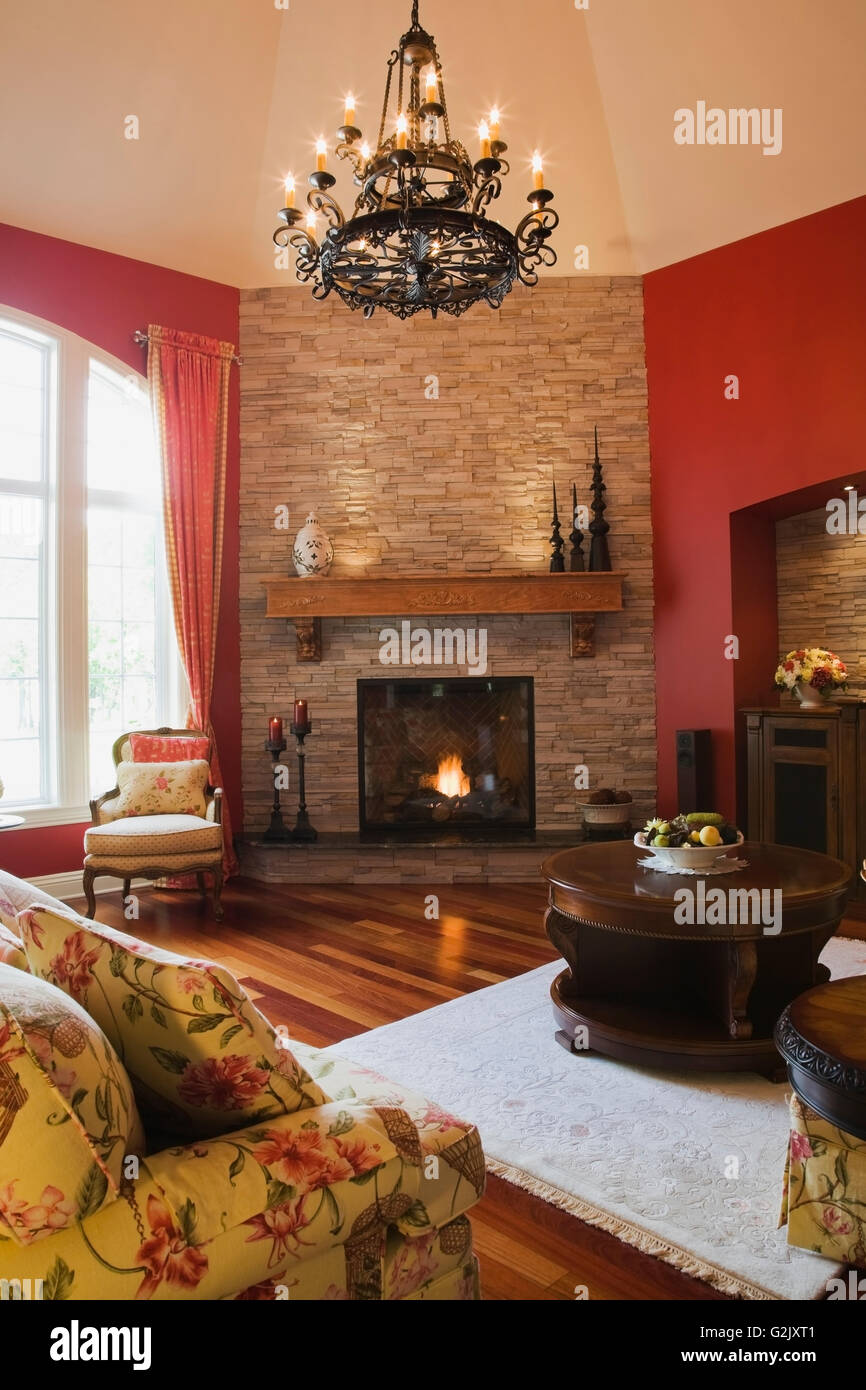 Living Room Flowery Upholstered Sofa Chair Lit Gas Fireplace