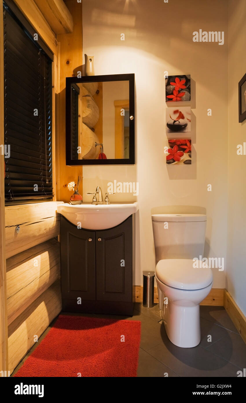 Guest washroom on ground floor inside a luxurious Scandinavian cottage style log home Quebec Canada This image property Stock Photo
