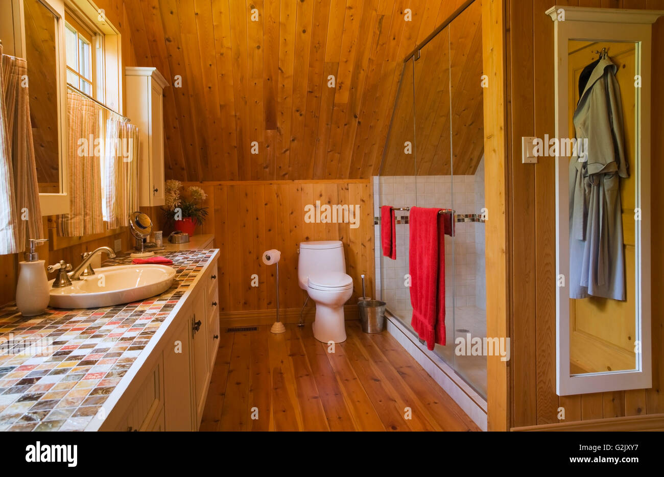 Master bedroom ensuite glass shower stall toilet vanity on upstairs floor inside a handcrafted spruce log home Quebec Canada Stock Photo