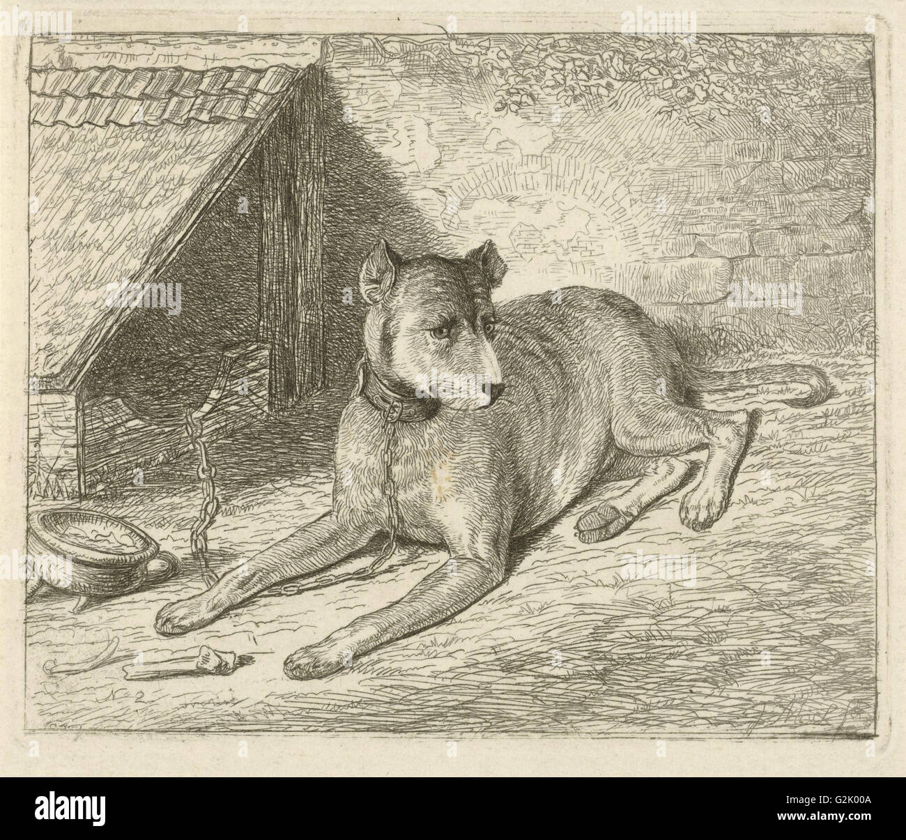 Dog on a chain in a doghouse, For him a bone, Bottom left numbered 2