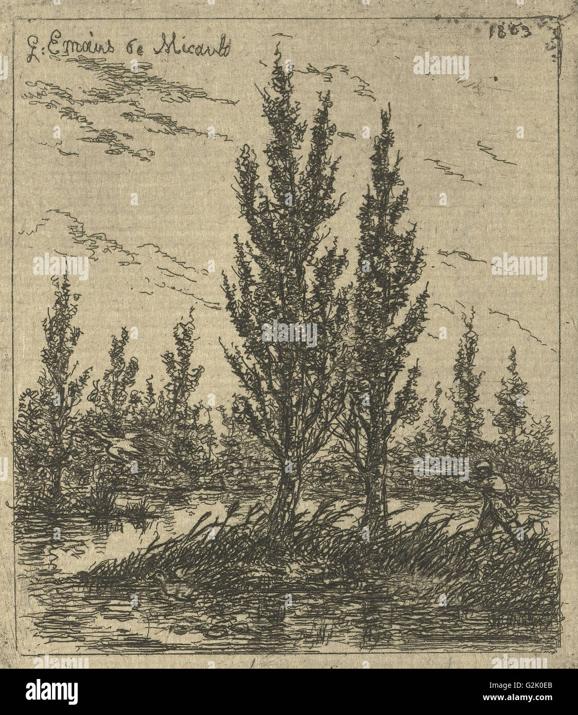 Landscape with hunter and poplars, print maker: Gerardus Emaus de Micault, 1863 Stock Photo