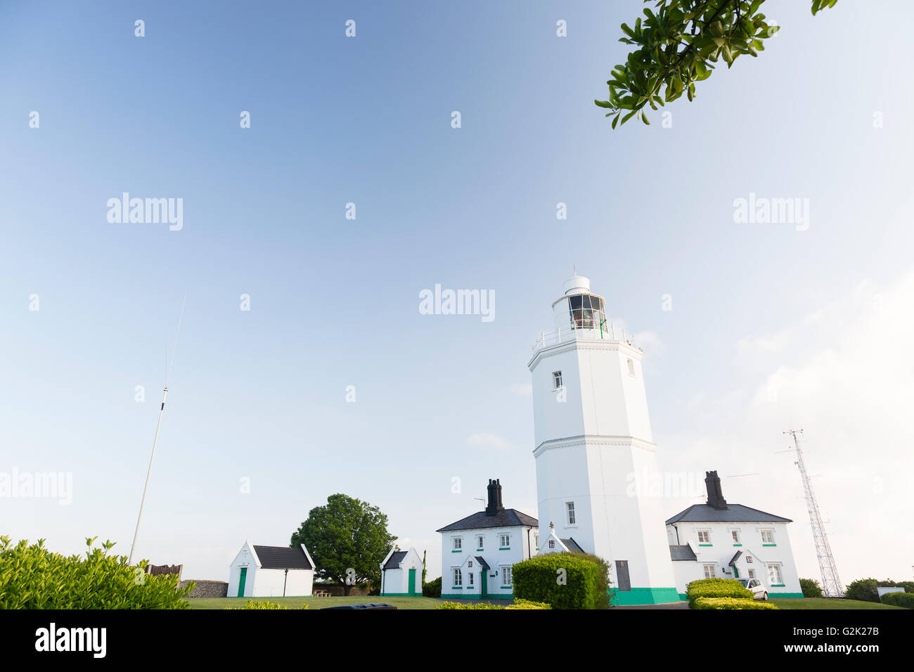Broadstairs, Kent. View of North Foreland Lighthouse against deep blue