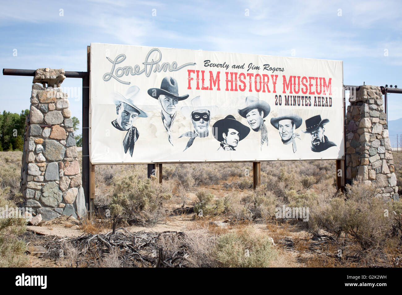 Sign for the Lone Pine Film History Museum on Highway 395 in California. Stock Photo