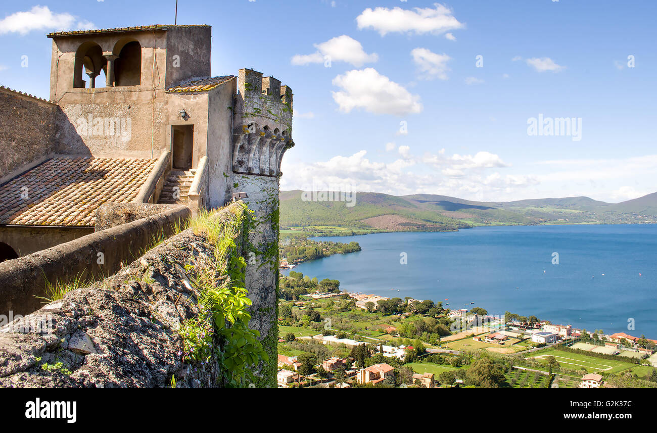 The view of the Bracciano lake from the top of the Bracciano Castle. Stock Photo