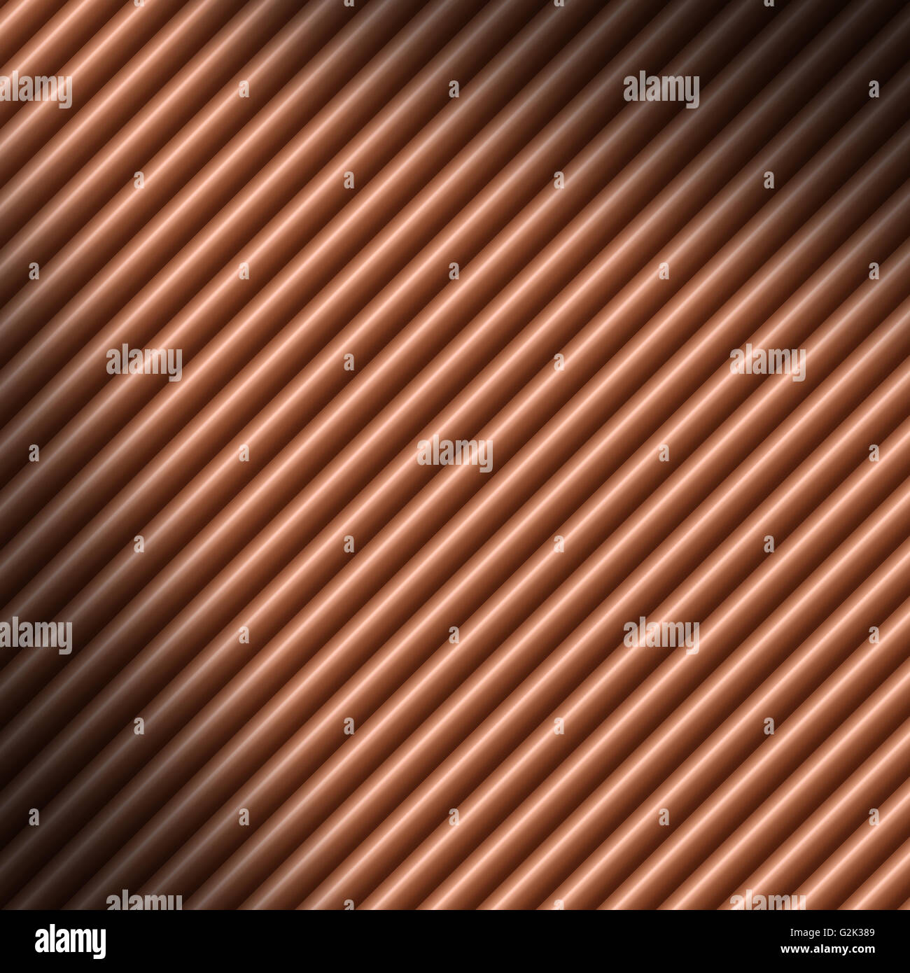 Copper colored diagonal tube background texture lit diagonally Stock Photo