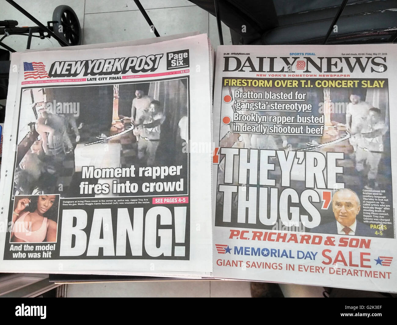The New York Post and Daily News on Friday, May 27, 2016 both have a still from the surveillance video of the shooting in Irving Plaza that involved rapper Troy Ave and his entourage. (© Richard B. Levine) Stock Photo