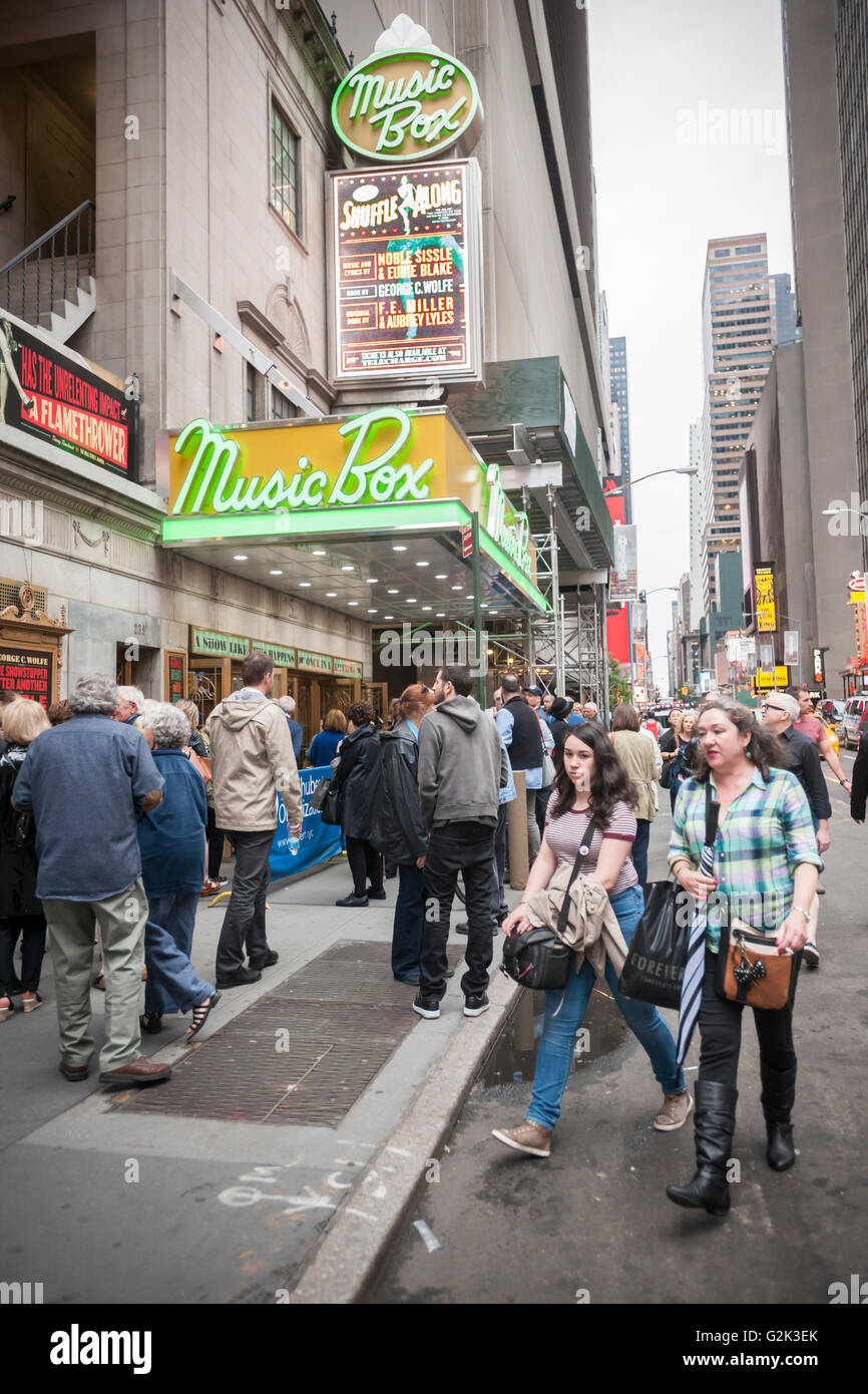 Theatergoers outside the Music Box Theatre to see "Shuffle Along" in New York on Tuesday, May 24, 2016. Once again the 2015-2016 Broadway season was the highest-grossing season in history according the The Broadway League with audience attendance up 1.6 percent over last season and box office grosses up 0.6 percent. (© Richard B. Levine) Stock Photo