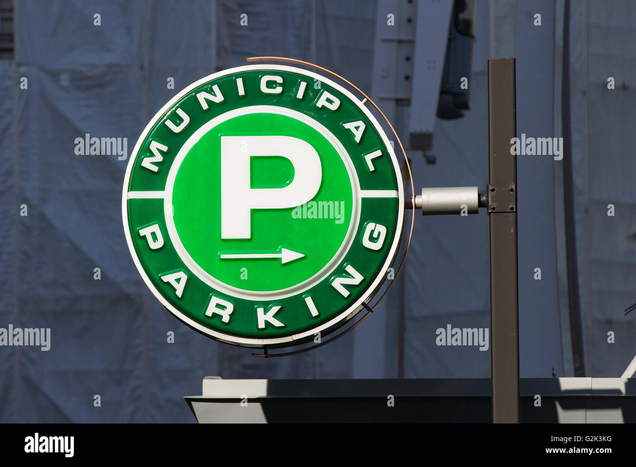 Municipal parking sign in Dundas square in downtown Toronto, Ont., on April 24, 2016. Stock Photo