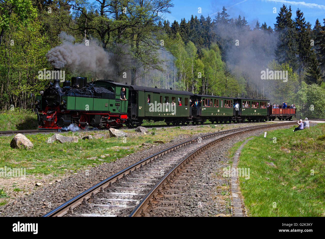 99 5902 leaving the Railway Station of Drei Annen Hohne steaming to the Brocken station. Stock Photo