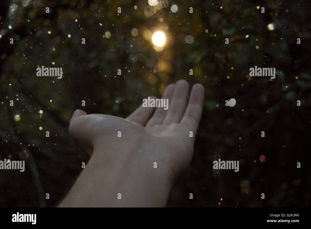 hand holding the sun beautiful bokeh all around the image Stock Photo