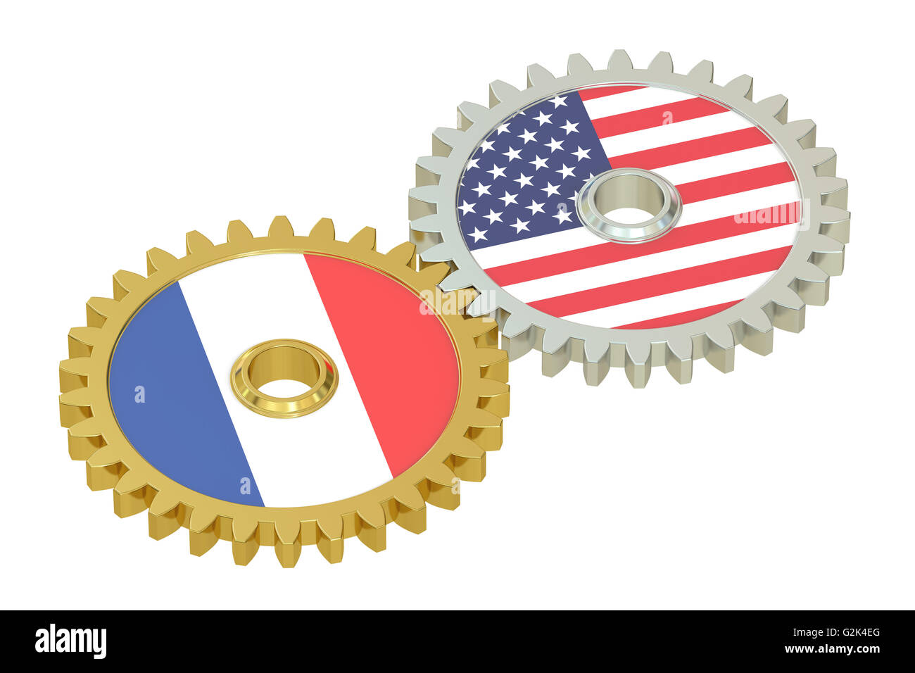 France and United States relations concept, flags on a gears. 3D rendering isolated on white background Stock Photo