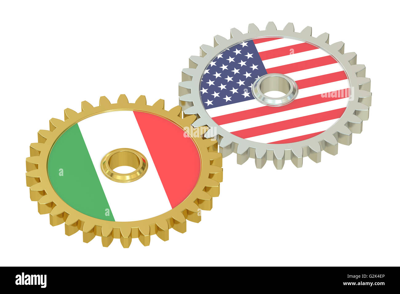 Italy and United States relations concept, flags on a gears. 3D rendering isolated on white background Stock Photo