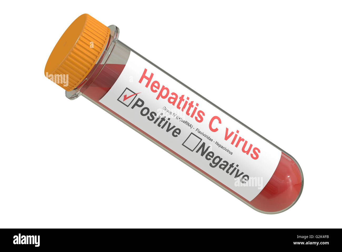 Test tube with blood sample positive Hepatitis C virus, 3D rendering isolated on white background Stock Photo