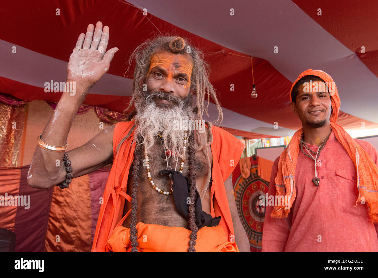 Naga Sadhu Inside Akhara With Disciple, Ujjain Kumbh Mela 2016 Stock Photo