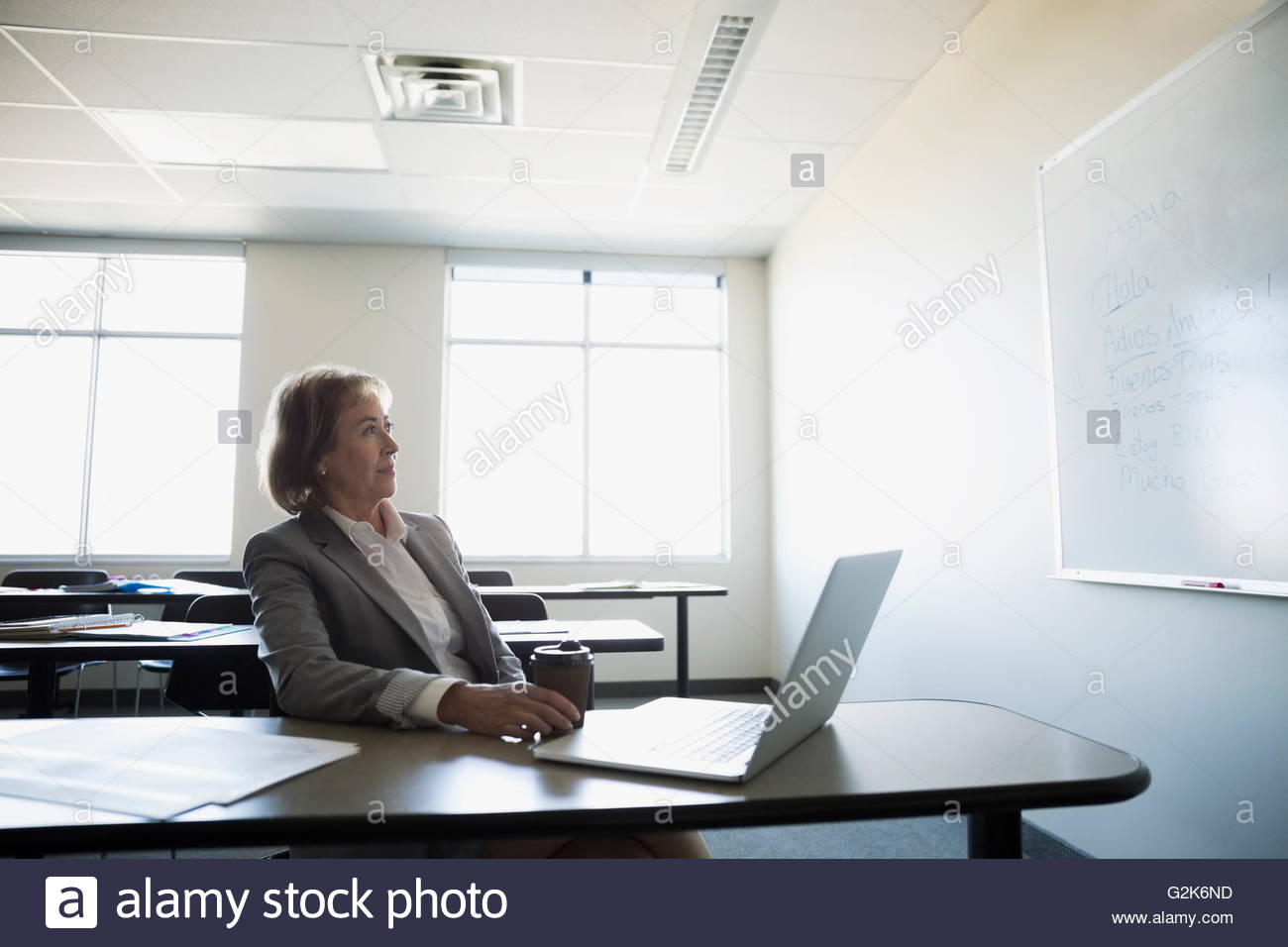 Professor with laptop looking at whiteboard in classroom Stock Photo ...