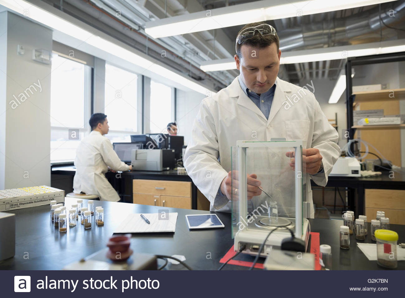 Scientist placing specimen on scale in laboratory Stock Photo Alamy