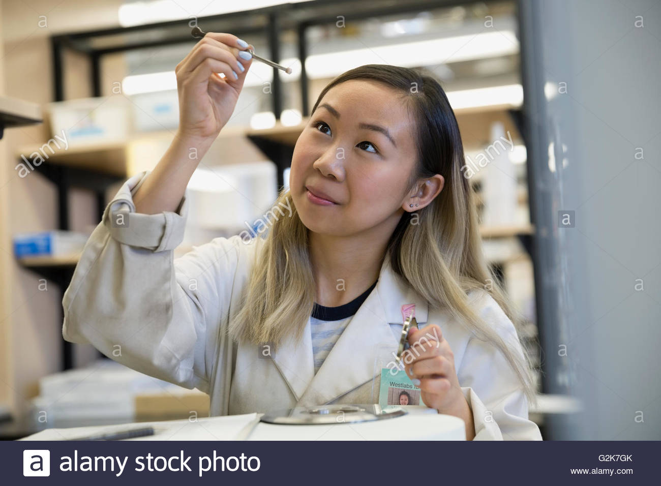 Scientist examining specimen at centrifuge in laboratory Stock Photo