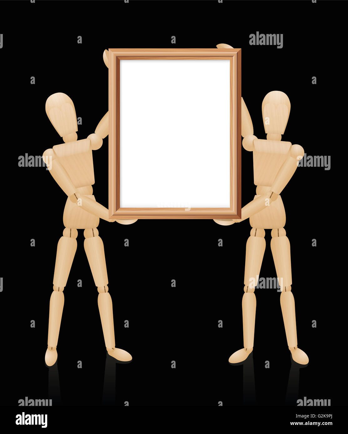Wooden mannequins holding blank wooden picture frame, high size format. Illustration on black background. Stock Photo