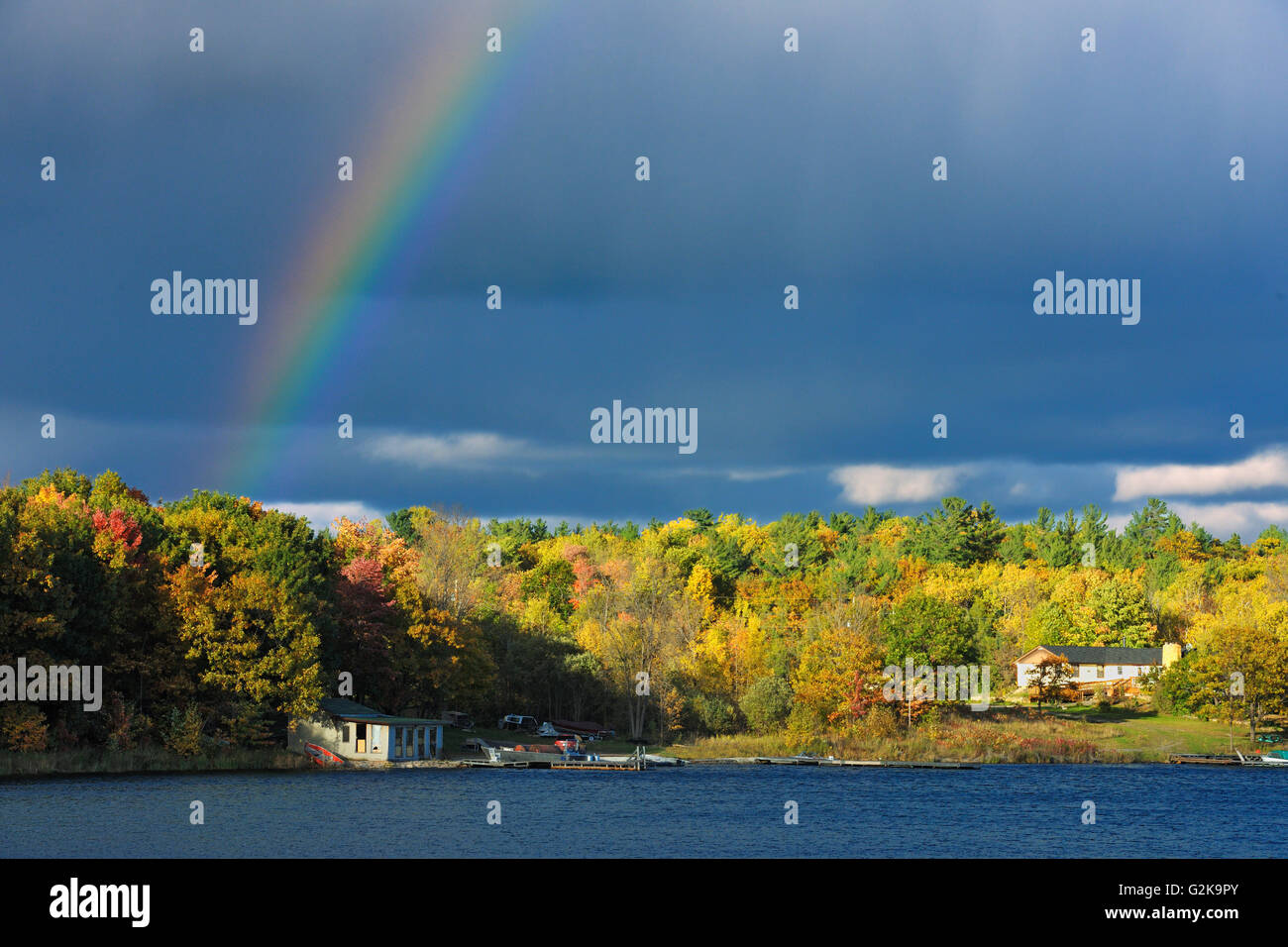 Rainbow and auttumn colors Near Birch Island Ontario Canada Stock Photo