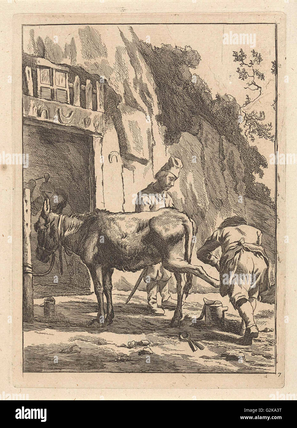 Farrier, specialist in equine hoof care, and a donkey, Anonymous, Karel