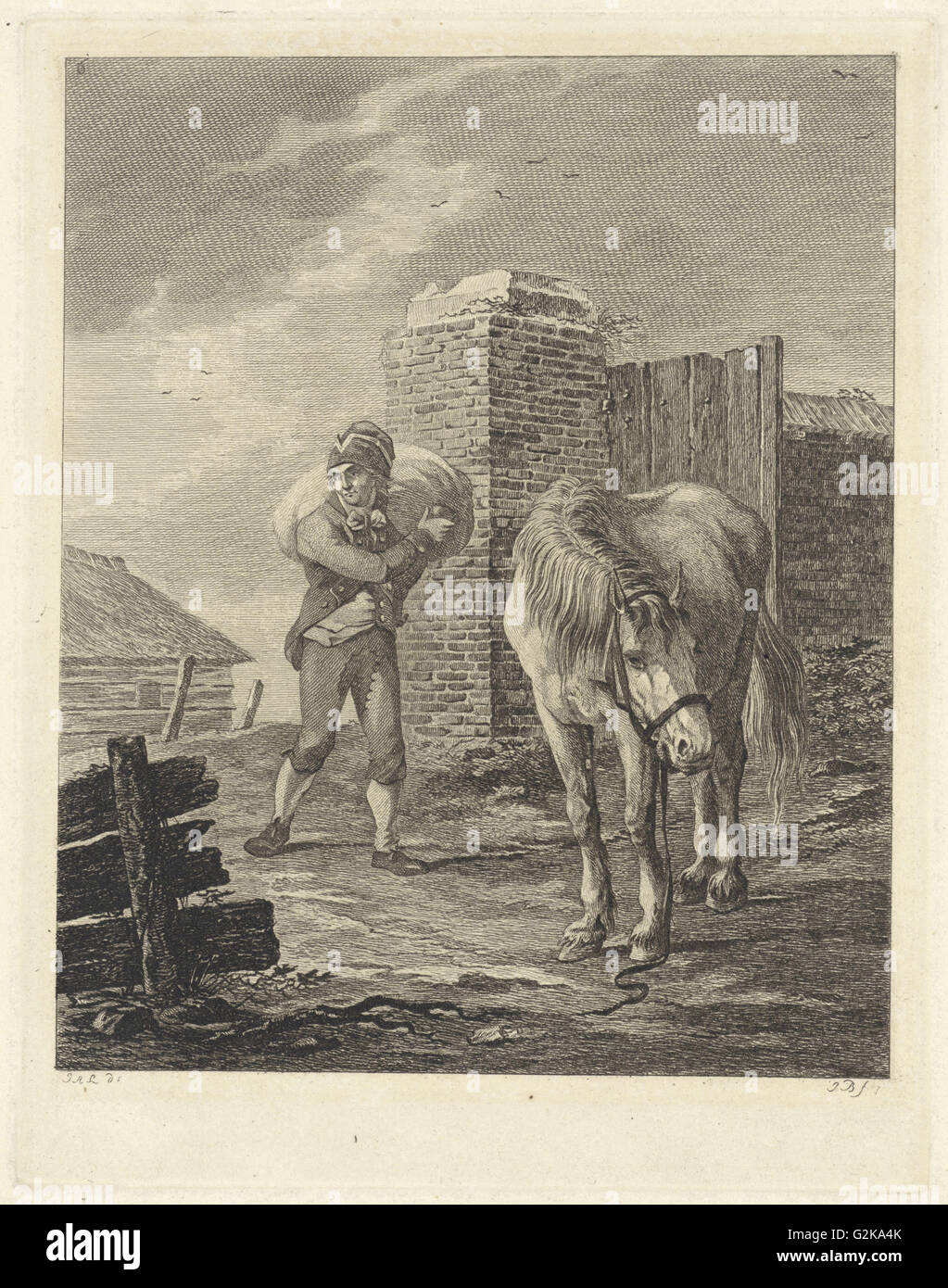 Man with bag on shoulder near unsaddled horse, Joannes Bemme, Jan Anthonie Langendijk Dzn, 1785-1841 Stock Photo