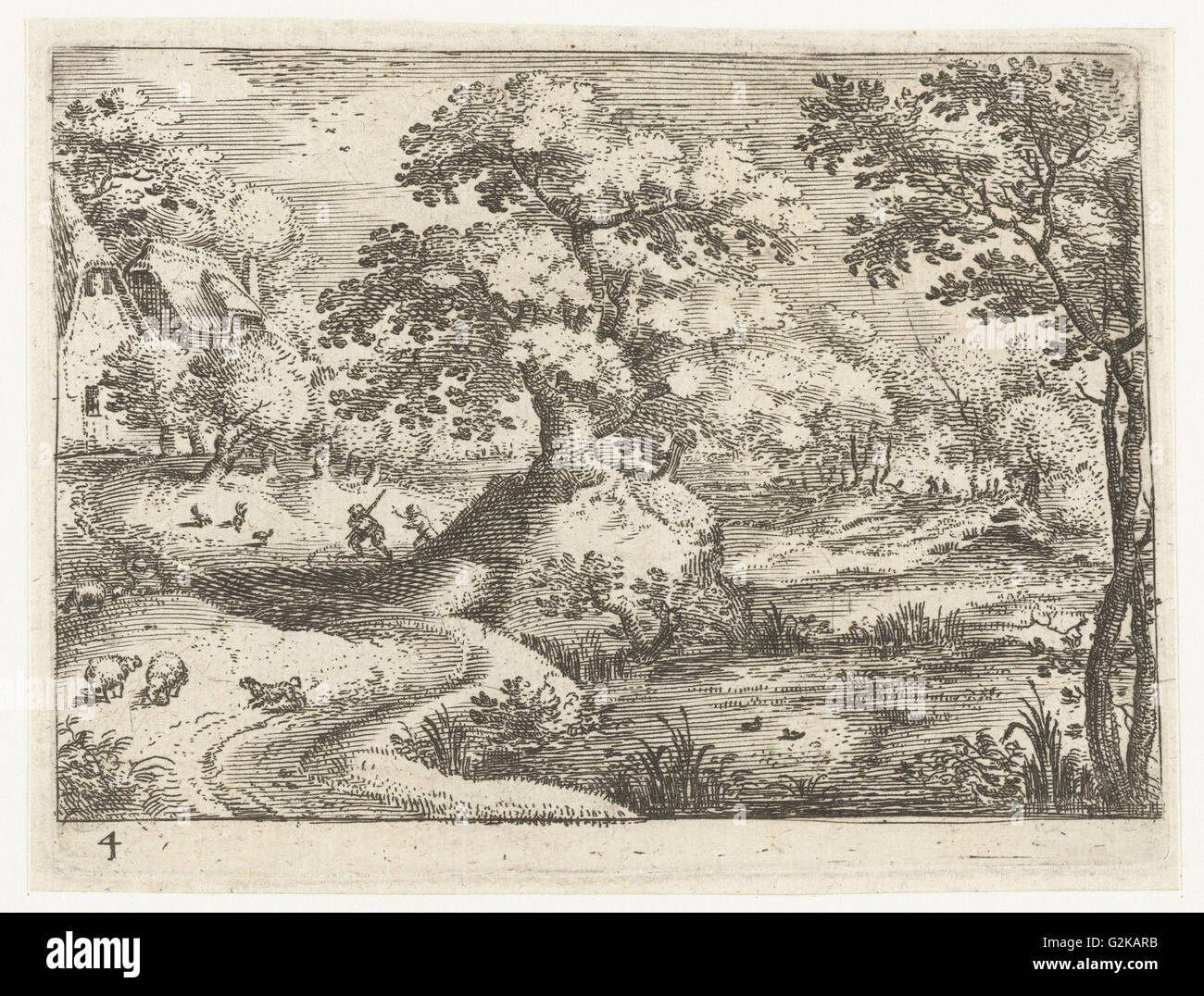 Landscape with travelers near houses, Jacob Savery (I), 1584 - 1603 Stock Photo