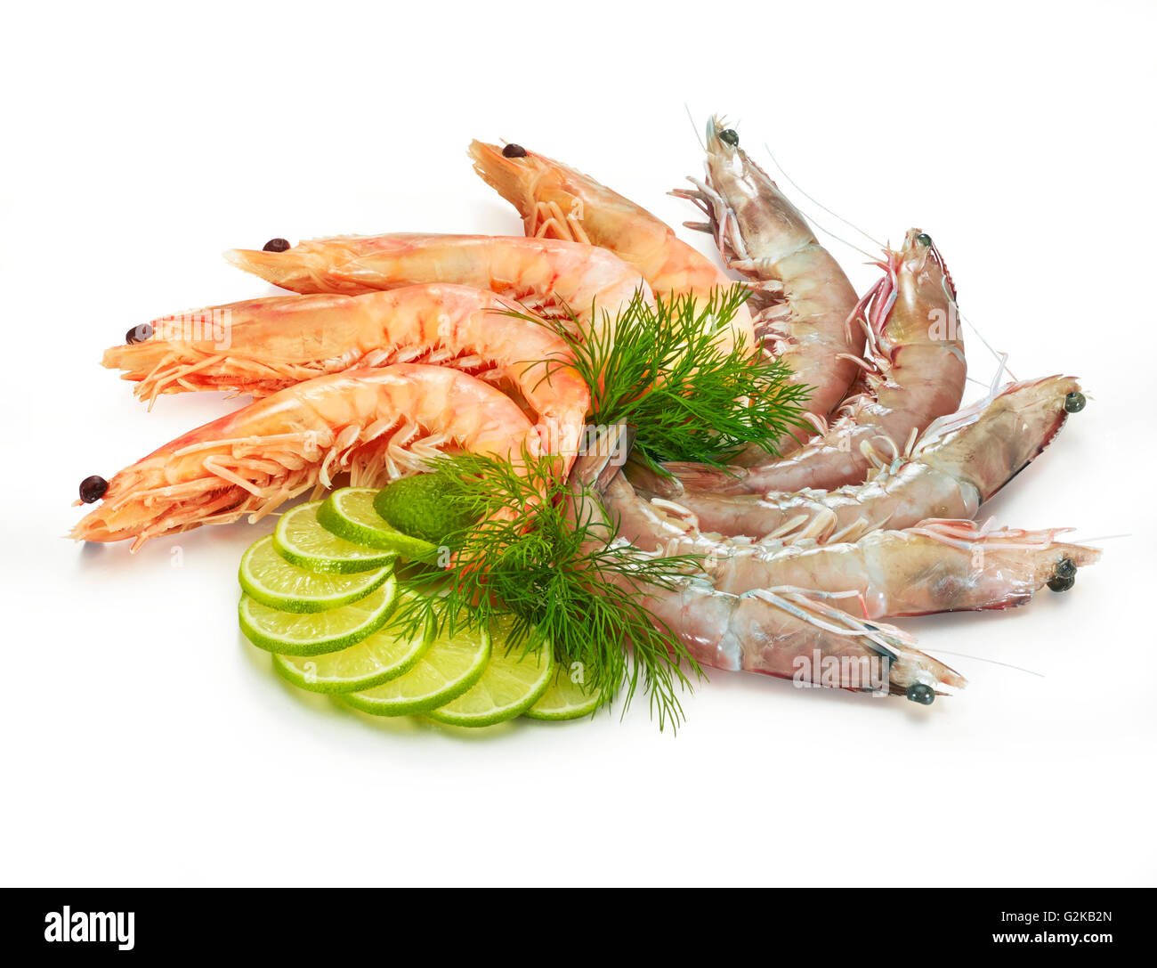 Boiled and raw prawns, lime slices (Citrus aurantifolia) and dill (Anethum graveolens), white background Stock Photo
