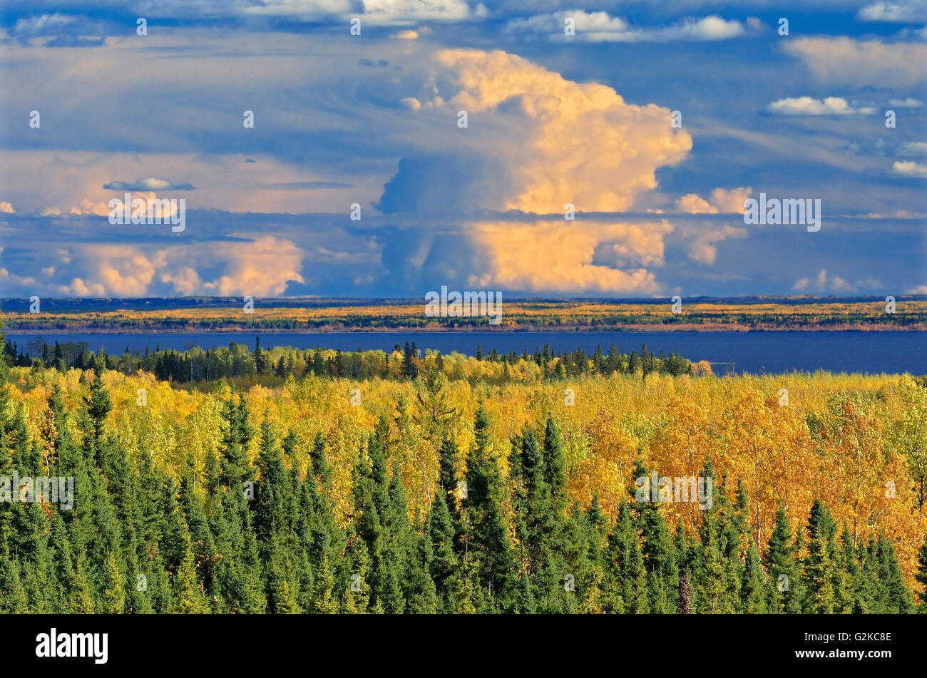 Storm clouds and boreal forest in autumn near La Ronge Saskatchewan