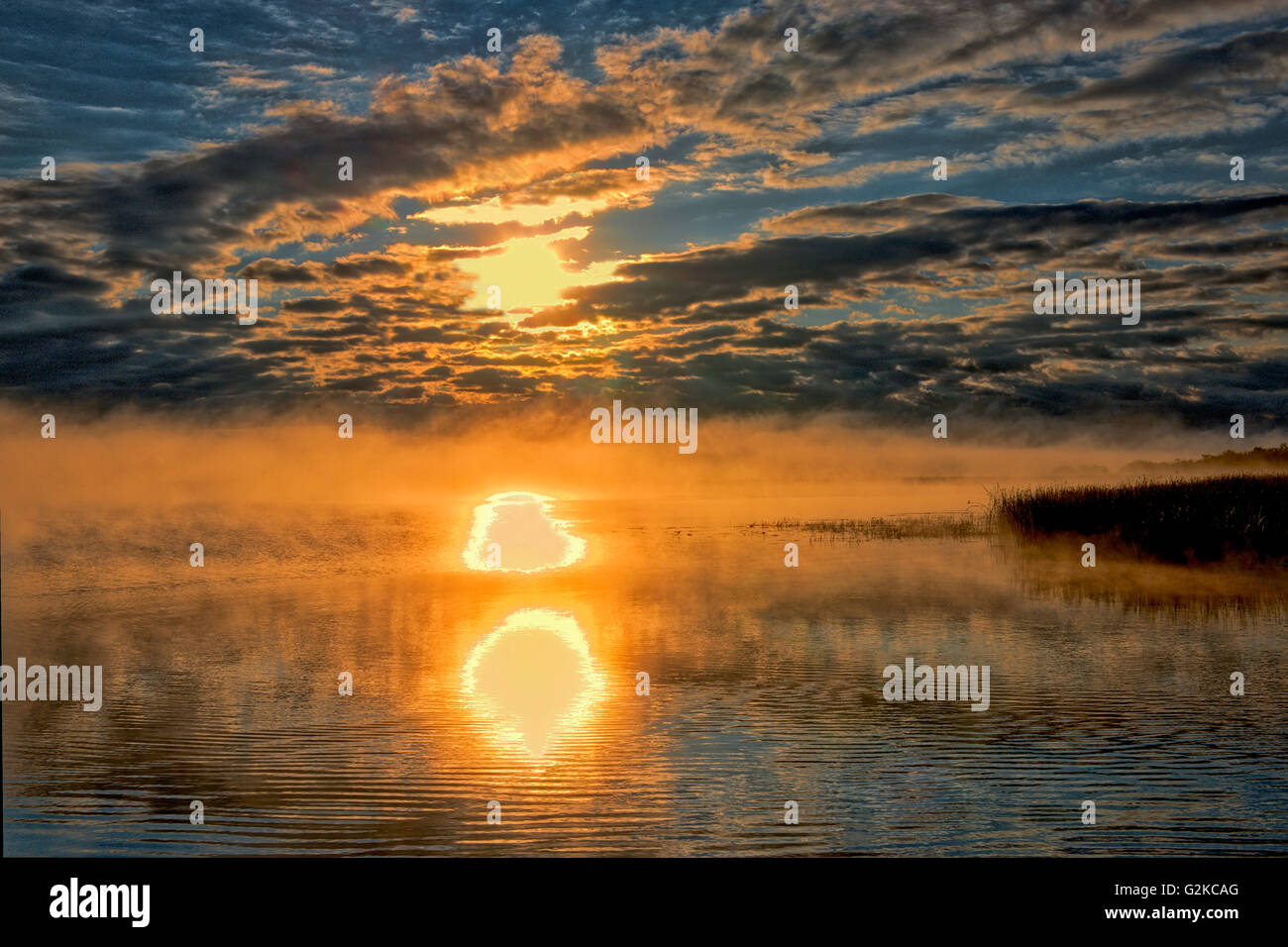 Fog at sunrise on Sturgeon Lake Williamson Provincial Park Alberta Canada Stock Photo