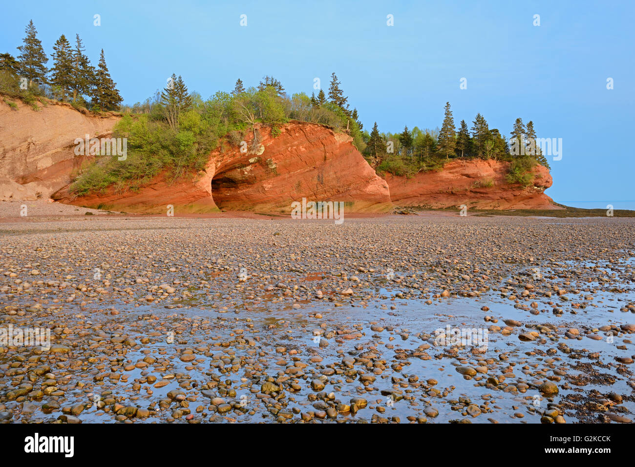 Sea caves in red cliffs along the Bay of Fundy St. Martins New Brunswick Canada Stock Photo