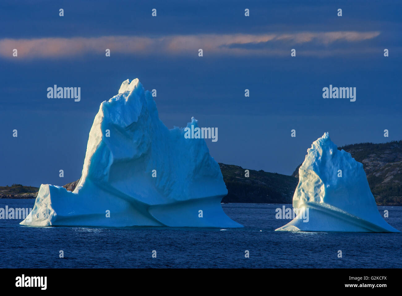 Icebergs floating in Salvage Bay of the Atlantic Ocean Eastport Newfoundland & Labrador Canada Stock Photo