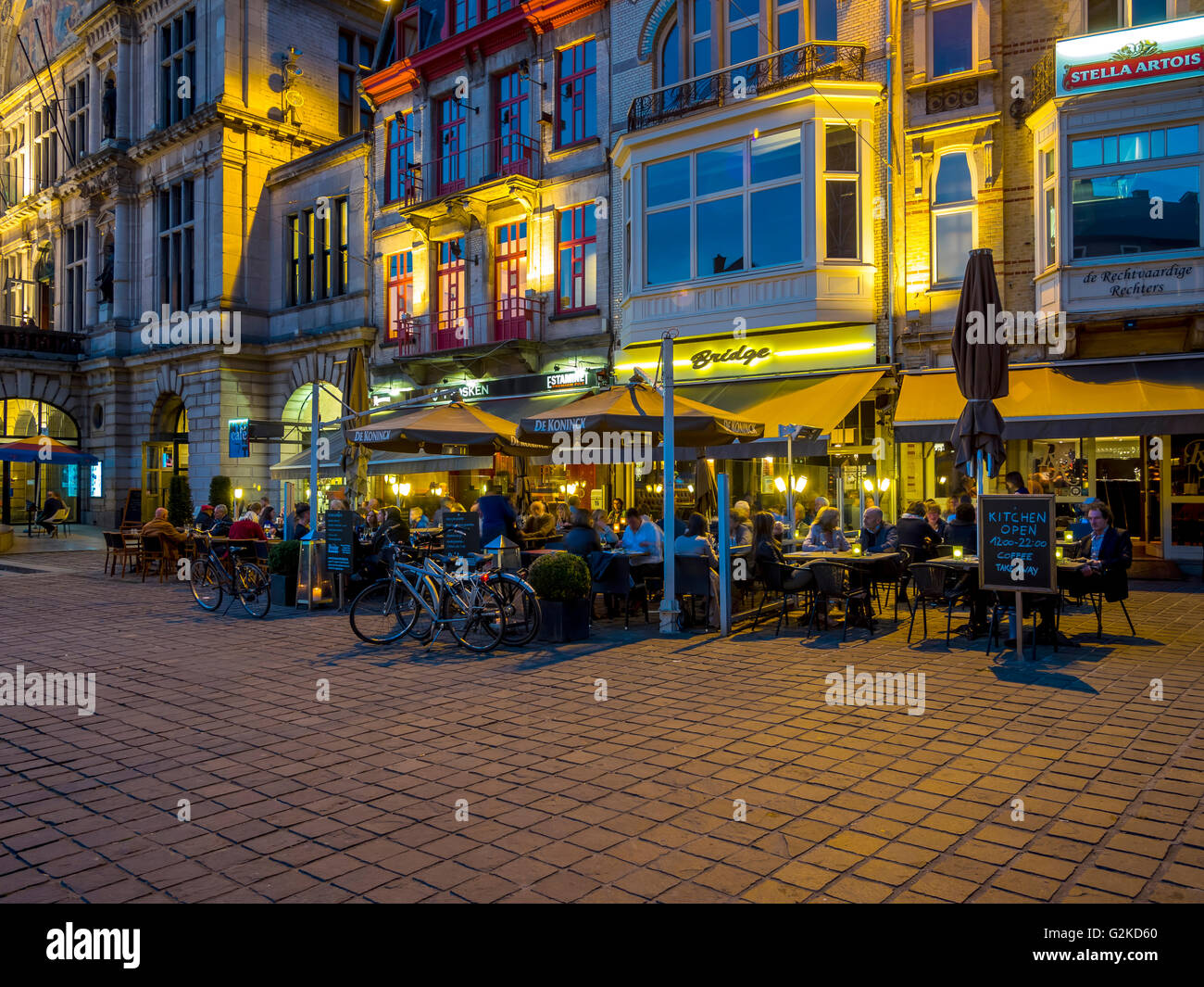 Restaurants in Sint-Baafsplein, Twilight, Ghent, Flanders, Belgium Stock Photo