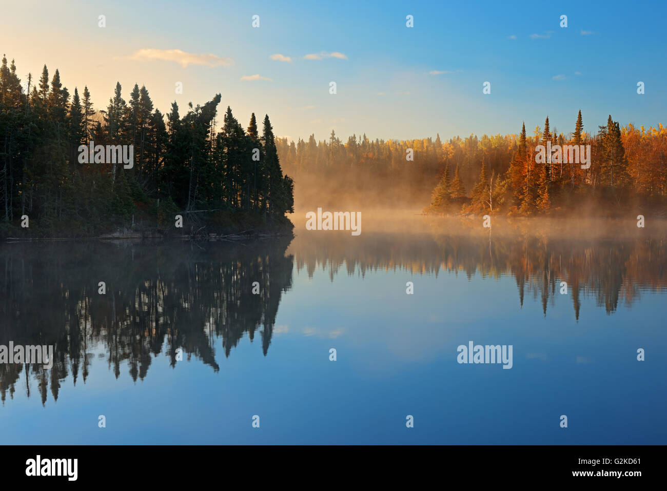 Vermilion River in autumn with fog Whitefish Ontario Canada Stock Photo